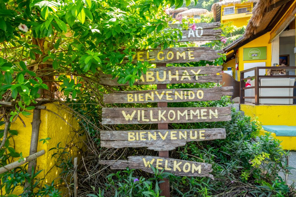 Yellow,Wood,Signs,Wishing,Welcome,In,Different,Languages,On,A