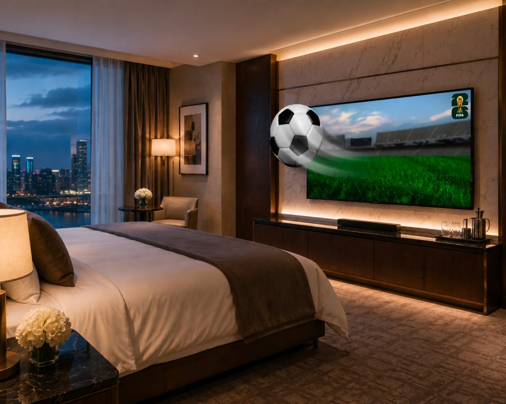 hotel room and smart tv with football image
