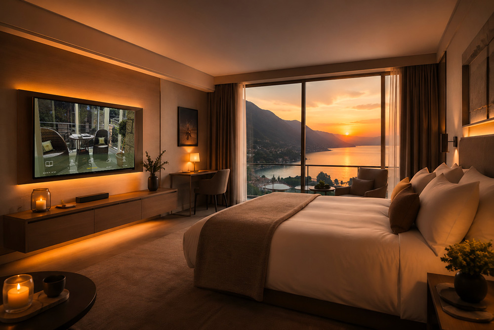 elegant hotel room with smart tv on and see view